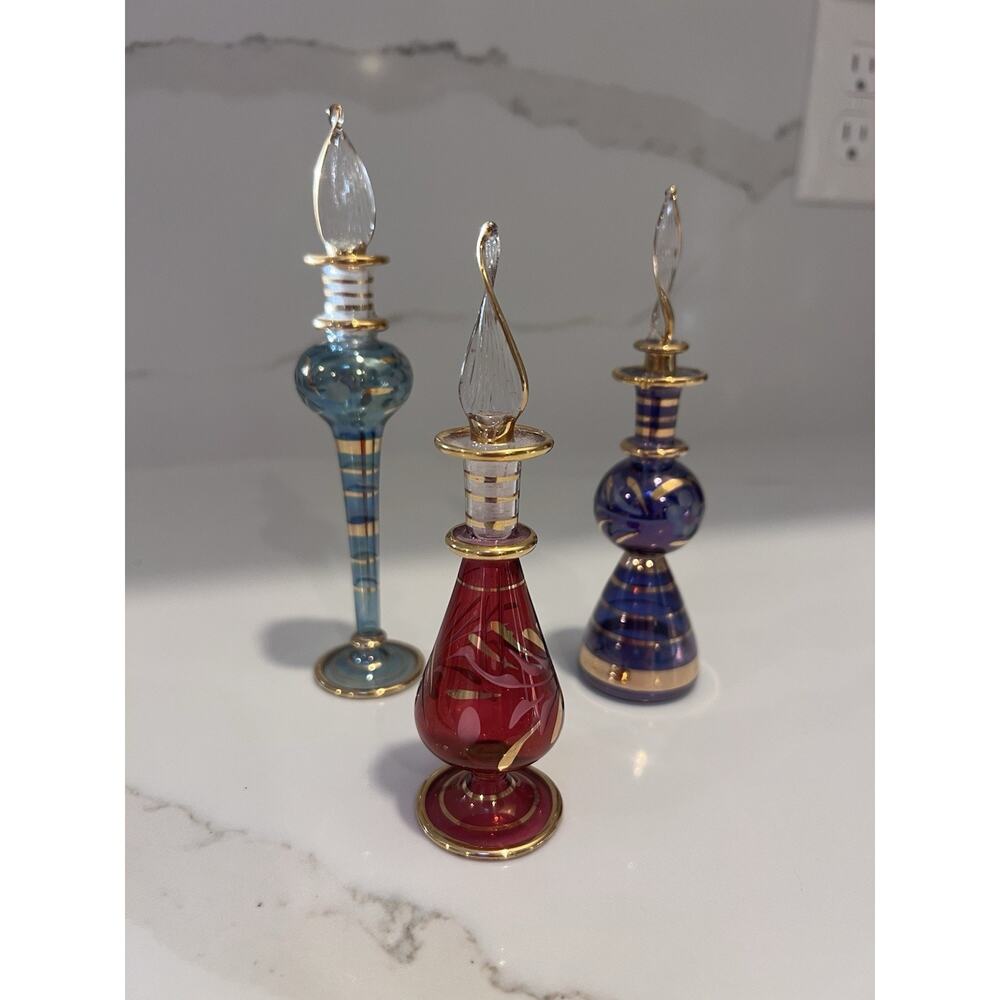 Vintage Murano Style Art Glass Perfume Bottle Set Of 3 Gold Gilt